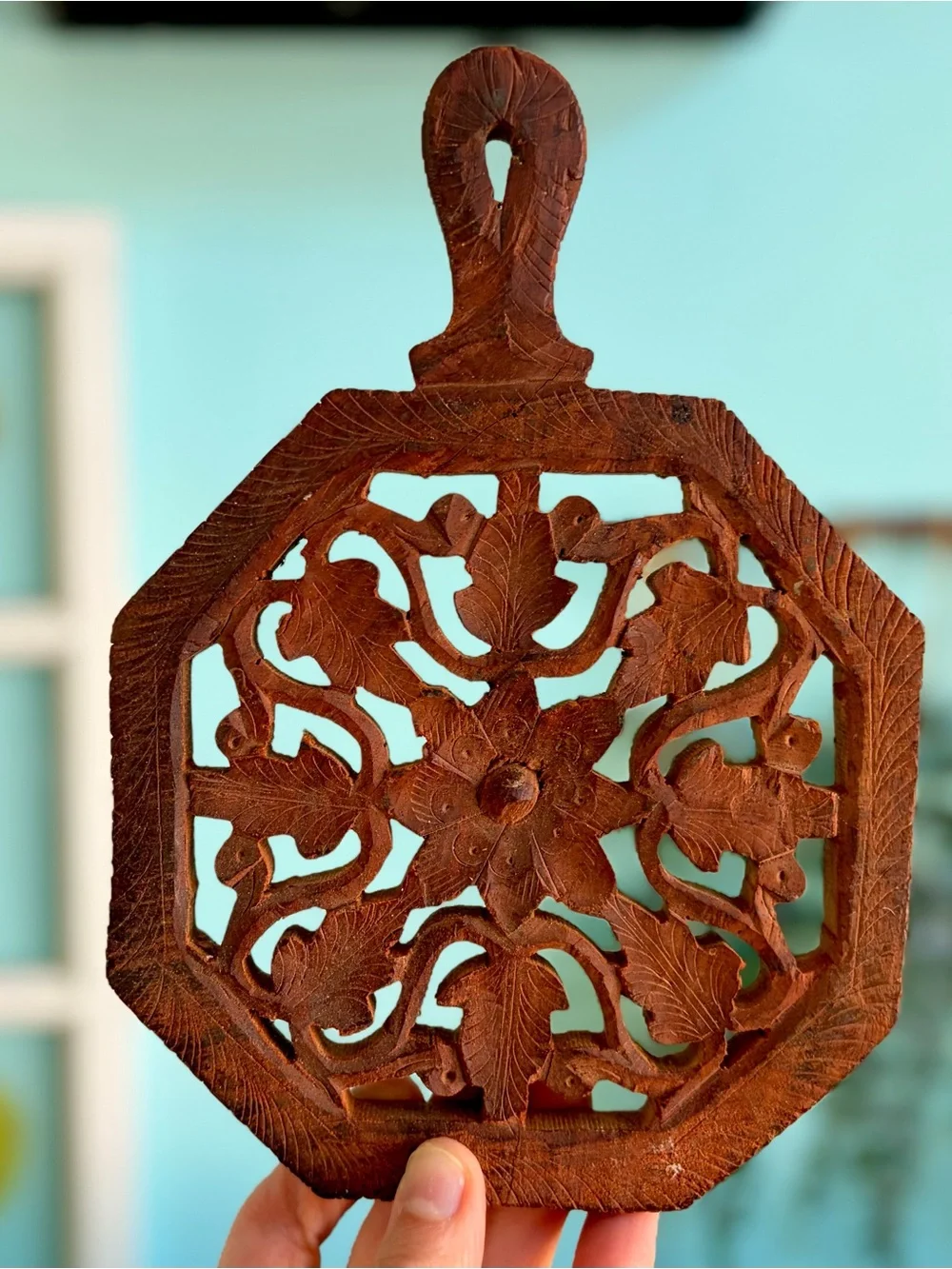 Vintage Rustic Hand-Carved Wooden Trivet with Floral Cutout